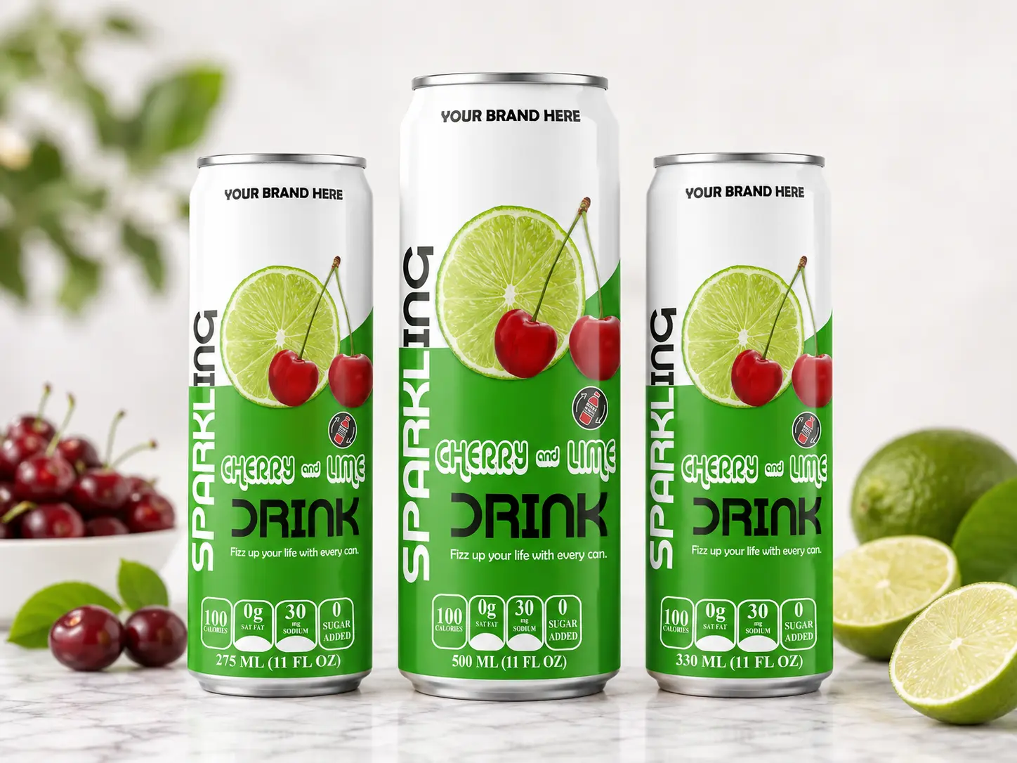 SPARKLING DRINK Cherry and Lime Flavored Drink in 275ml, 500ml, and 330ml cans.